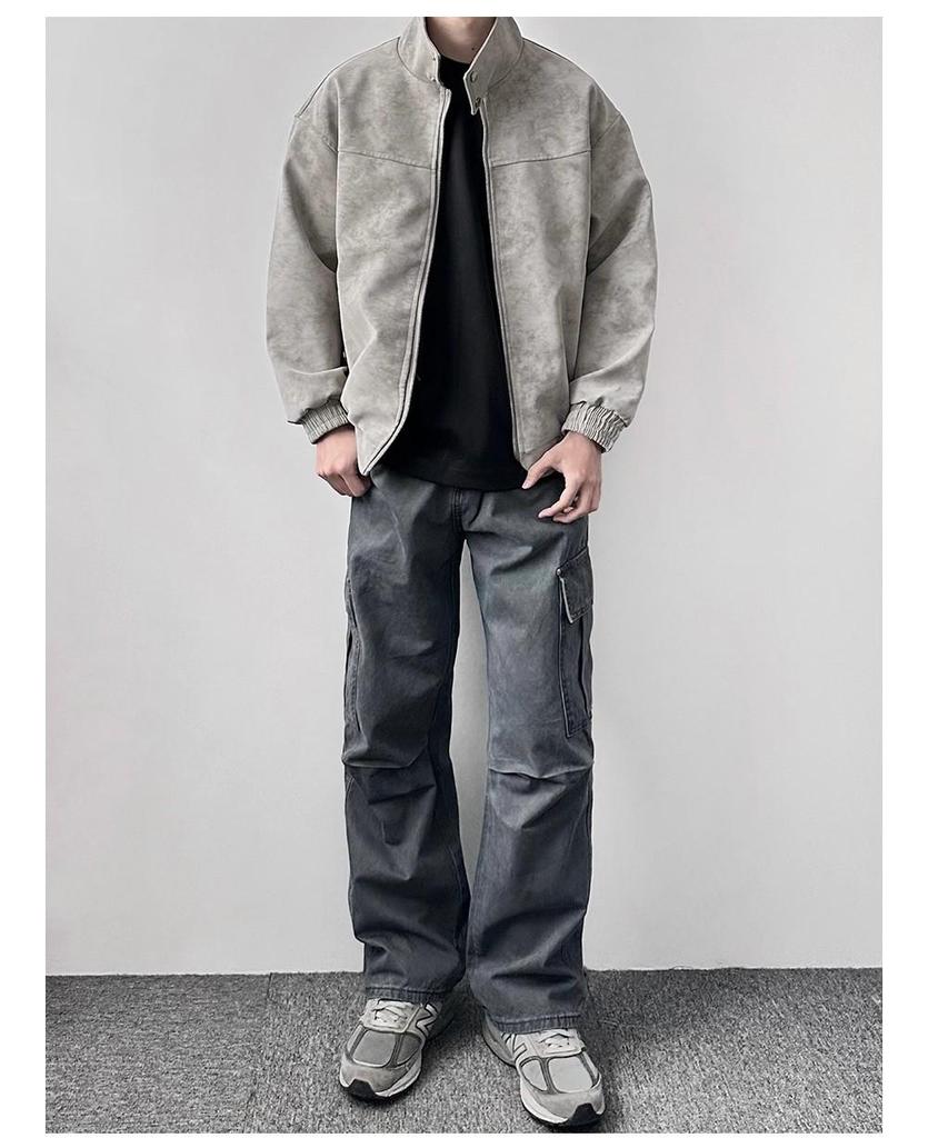 Мужская модная кожаная куртка-бомбер в американском стиле - Свободный крой, отложной воротник, короткий мотоциклетный дизайн для осени