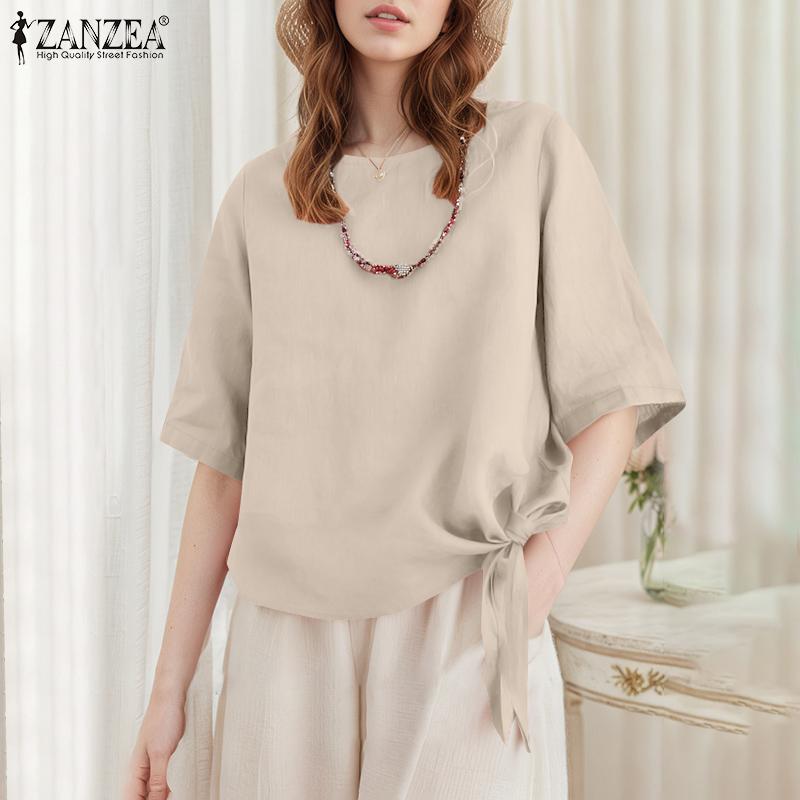 ZANZEA Женская повседневная однотонная блузка с круглым вырезом и половиной рукавов