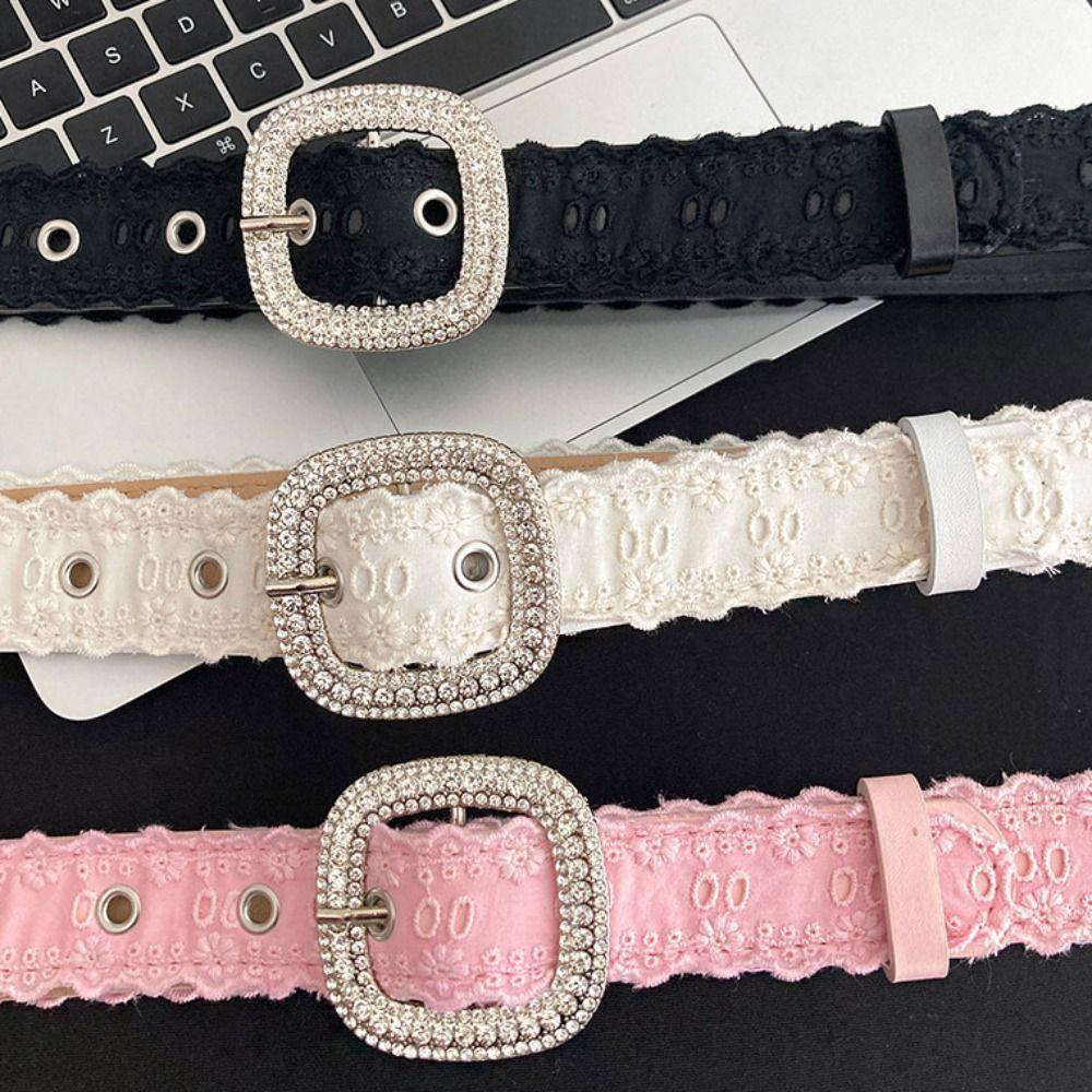 Y2K Lace Belt PU Leather Women Waistband Trend Rhinestone Belt  Jeans Accessories