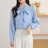 Yousheng Women Shirt Lace-up Bowknot Collar Long Sleeve Casual Shirt Solid Color Loose Fit Chiffon Shirt Tops Daily Wear