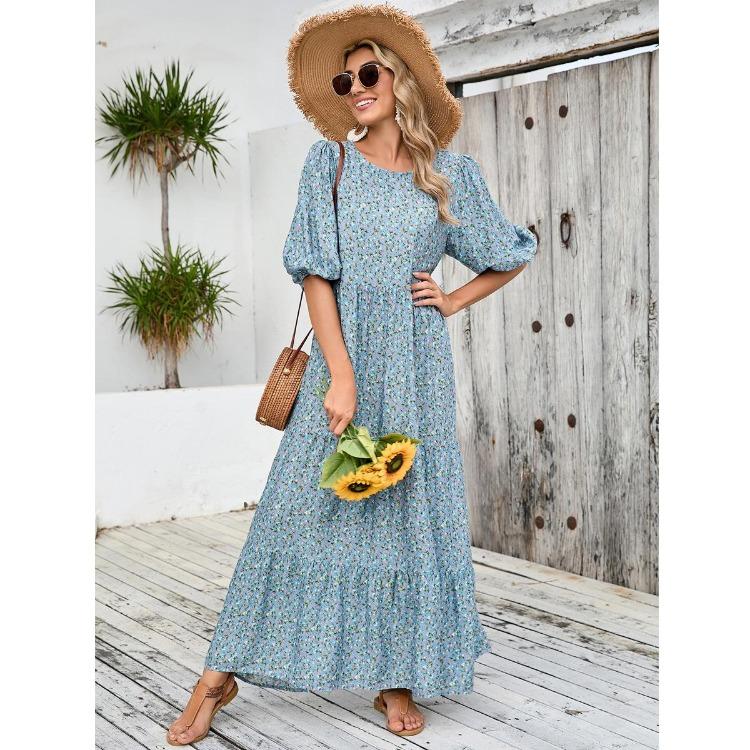 Women Summer Casual Floral Print O Neck Dress High Waist Loose Large Size Ankle Length Middle Long Sleeve Spring Dress