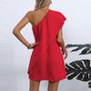 Ladies Temperament Sexy Fake Two Piece Diagonal Shoulder Dress Summer Holiday Style Sleeveless A-Line Midi Dresses