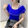 Summer Ruffles Hot Diamonds Square Collar T-Shirts Women Short Sleeved Mesh Tops Shirts Streetwear Girl Fashion Tees Blouse