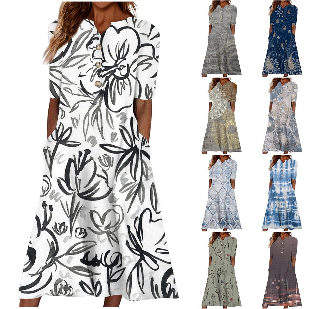 Women's Summer Casual Printed V-Neck Short-Sleeve Swing Dress