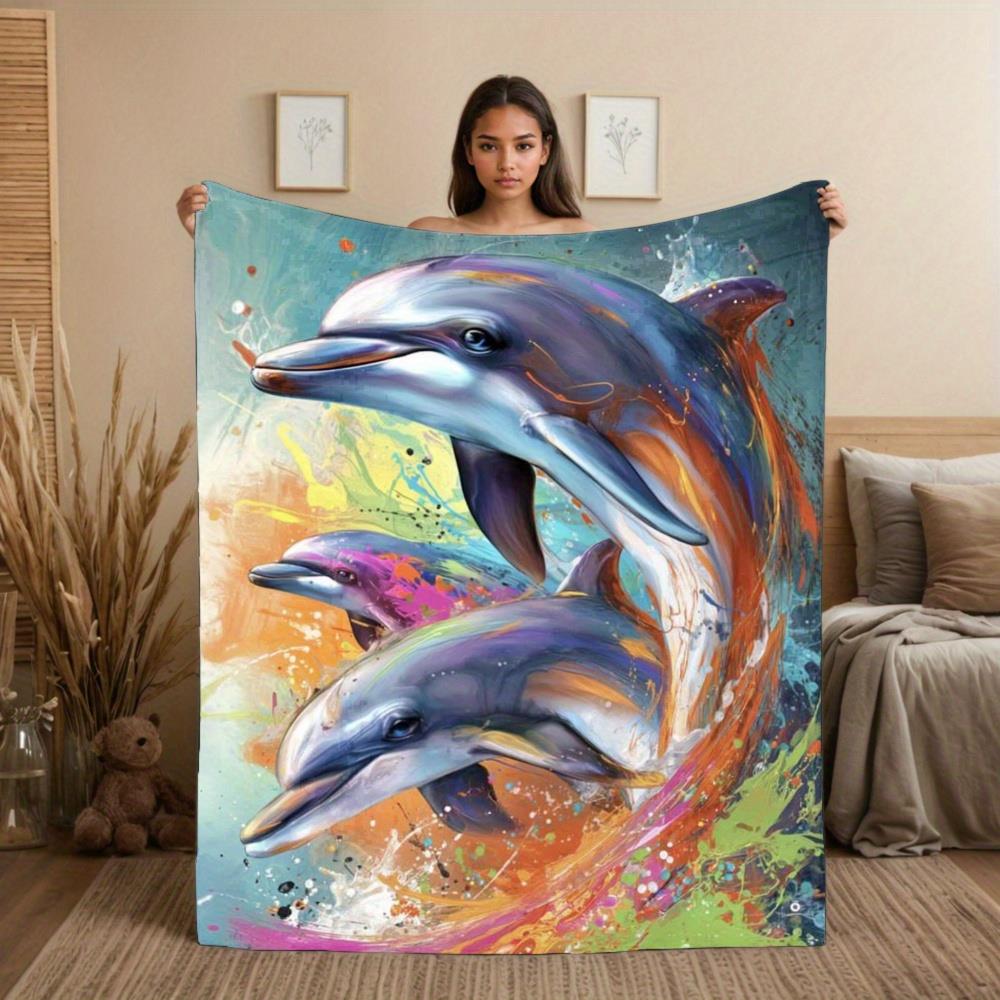 Doodle dolphin-themed pattern Flannel printed blanket suitable for all seasons suitable for living room office sofa and travel