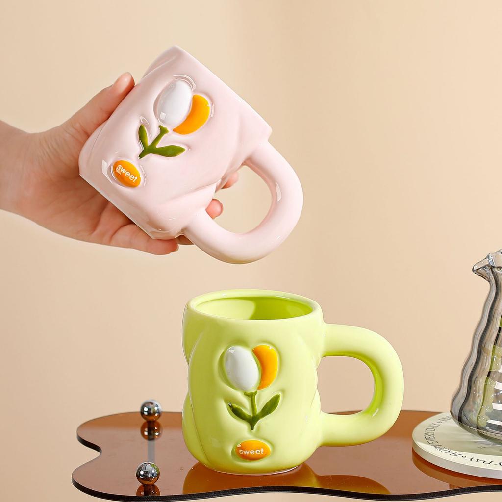 Small Fresh Small Flower Relief Three Dimensional Ceramic Cup for Girls' Office High Value Mug High Temperature Water Cup