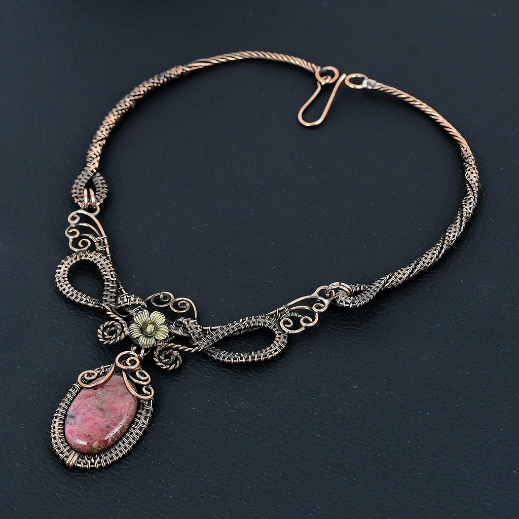 Родонитовая подвеска, ювелирное изделие из драгоценного камня, подвеска, обернутая медной проволокой 999 пробы, регулируемая цепочка ручной работы, подарок для жены, ювелирное изделие