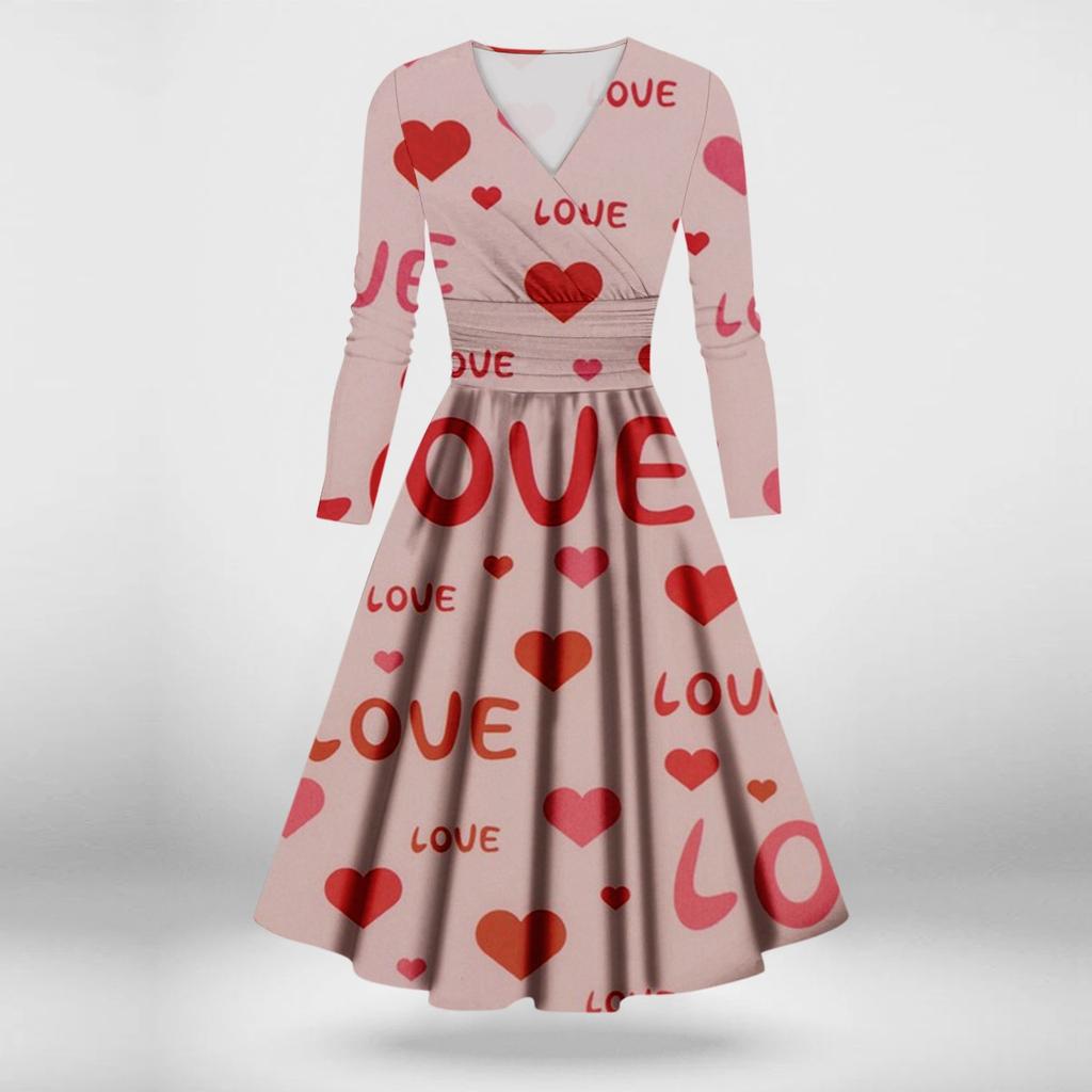 Ladies Fashion Casual Valentine's Day Print Long Sleeve V-neck Sexy Dress