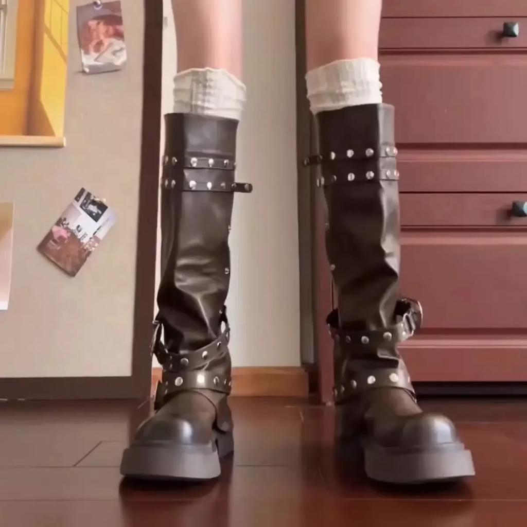 Women Platform Ankle High Pants Boots Winter Leather New Trend Fashion Designer Rivet Buckle Thick Soled Chelsea Botas Mujer