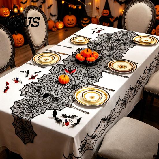 Экономичный Хэллоуин Декор Скатерть-дорожка, 18 x 72 дюйма, Готическая Черная Кружевная Паутина, Драматичное Покрытие, Дорожка для Кухни, Обеденного Стола, Центр Стола, Вечеринки