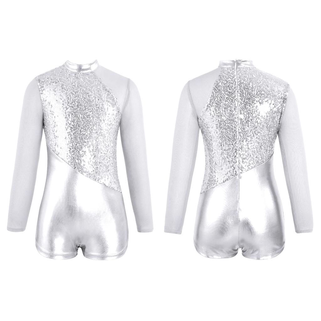 Детское цельное танцевальное трико для девочек со сверкающими металлическими блестками и длинными рукавами, гимнастическое боди