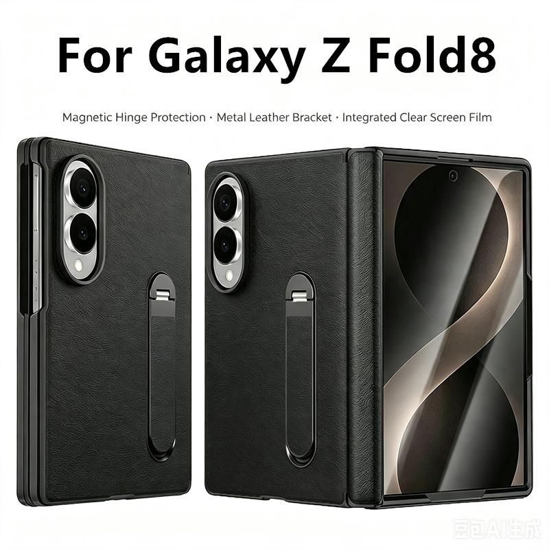 360 Metal Bracket Holder Leather Case for Samsung Galaxy Z Fold 8 Wide 5G Screen Protector Film Magnetic Hinge Protection Cover