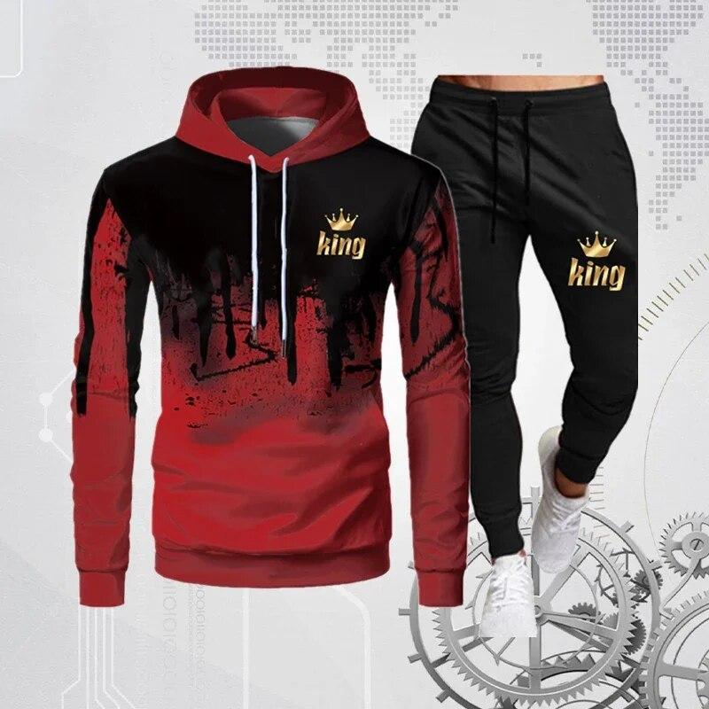Мужской спортивный костюм, наборы чернил с брызгами, спортивные толстовки с длинными рукавами, спортивные штаны, костюмы с капюшоном и брюками с буквенным принтом King, комплект из 2 предметов, мужской