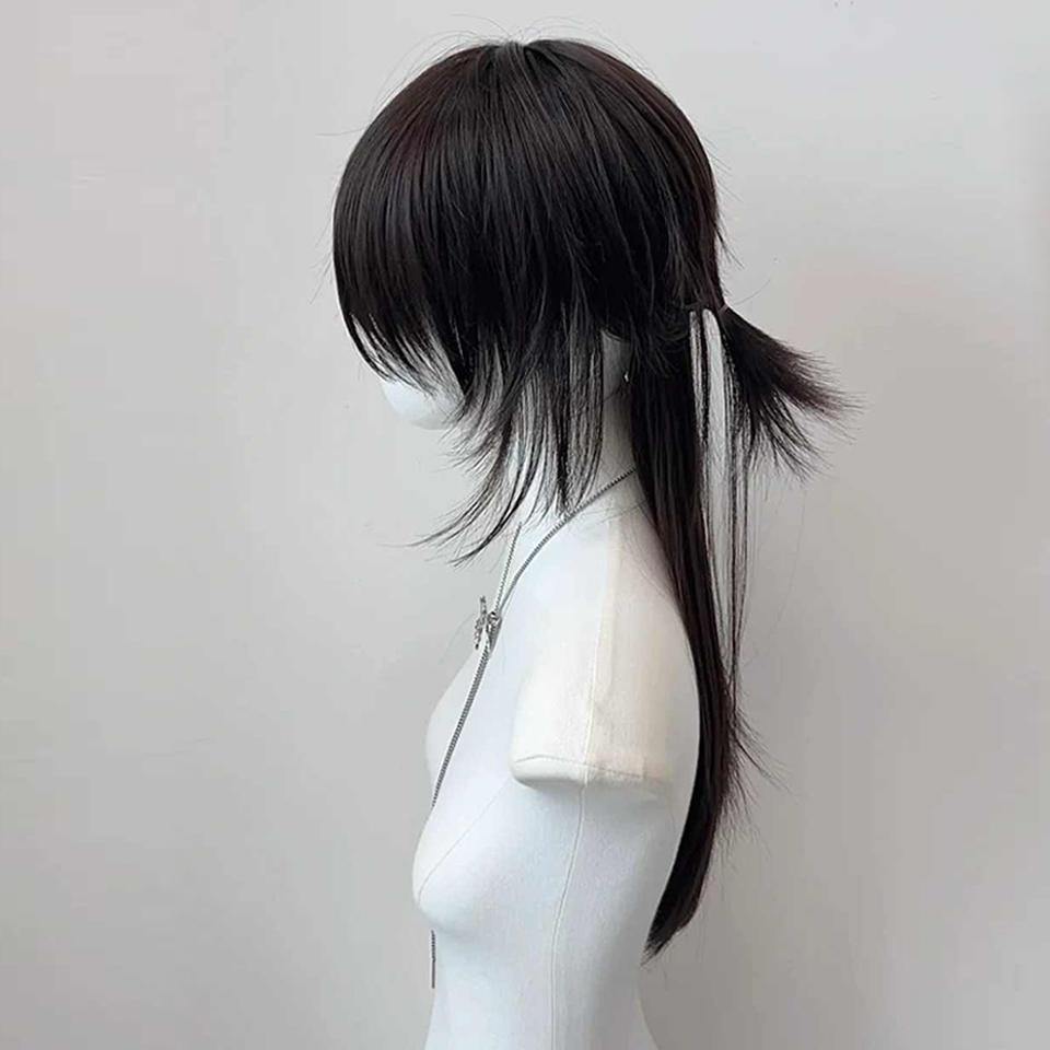 Черный длинный прямой синтетический парик с кефалью, волчий хвост, многослойный пушистый женский и мужской парик для повседневной вечеринки, парик для косплея Лолиты