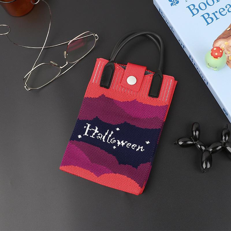 Halloween Themed Knitted Handbag Cartoon Ghost Pumpkin Print Shoulder Crossbody Bag Women Casual Phone Pouch Halloween Gift Bag