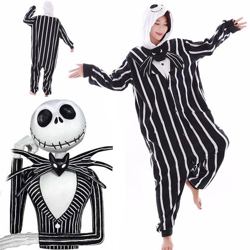 Cozy Nightmare Before Christmas Jack Pattern Sleepwear Jumpsuit With Hood And Tuxedo Design