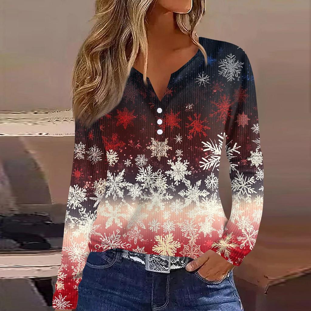 Women's T Shirt Tee  Print Button Long Sleeve Knit Sweater Daily Weekend Fashion Basic V- Neck Regular Top