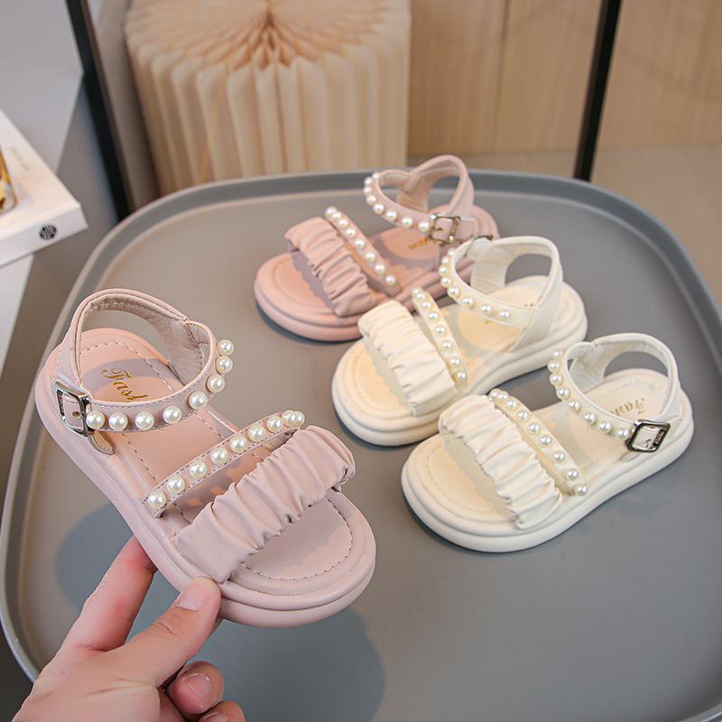 Girls Princess Sandals with Pearls Children Summer Beach Shoes Fashion Kids Leather Sandals for Party Wedding Sweet Size 26-36