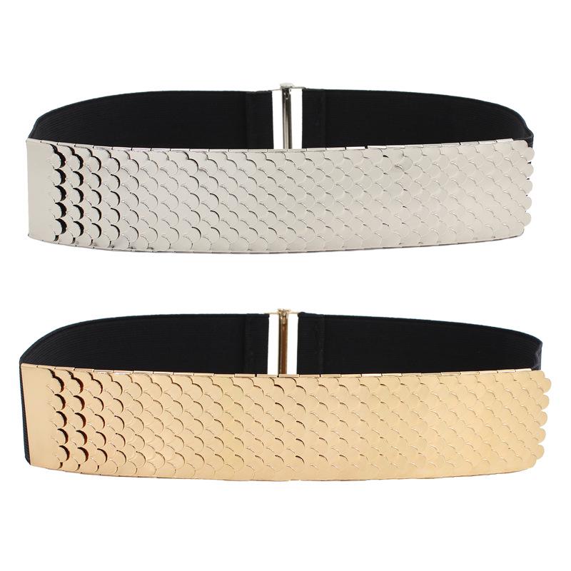 Women's Fashion Metal Elastic Belt with Fish Scale Pattern - Versatile Wide Elastic Waistband for Dresses