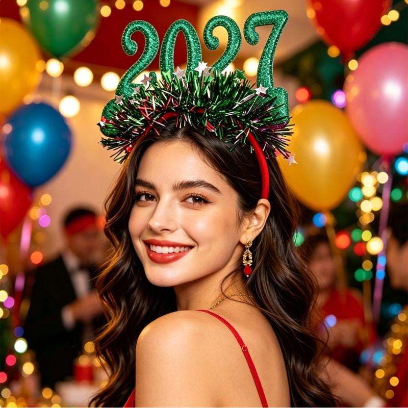 Новогодняя повязка на голову 2027 Праздничный аксессуар для волос для рождественских вечеринок с блестящими цифрами и отделкой из маленьких звездочек