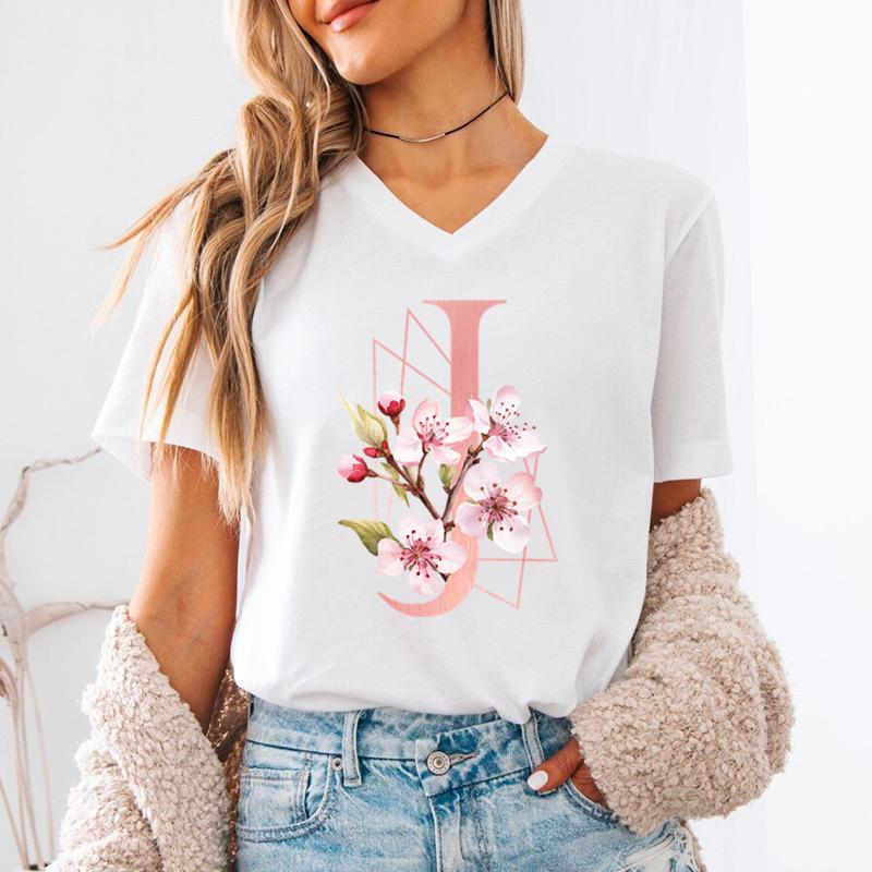 AZ 26 Alphabet Unisexs VNeck TShirt Pink Sakura Letter B Graphic T Shirts Unisex Letters ABCD Casual Tees Fashion Y2K Tops