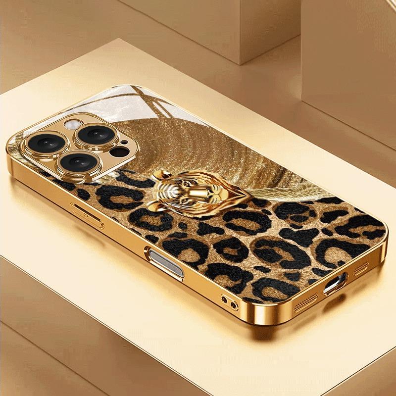 Чехол для телефона из стекла с принтом леопарда и льва, золотая металлическая краска, для iPhone 17 Pro Max 16 15 14 13 12 11 Pro 15 14 Plus 17 Air 16E