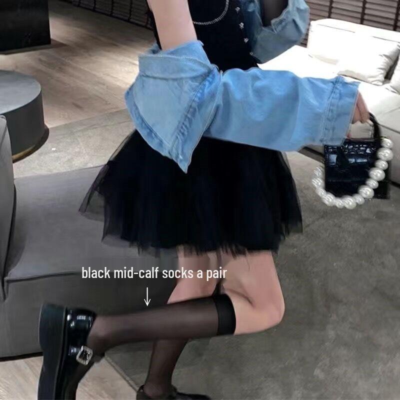 Сексуальные глянцевые чулки-ботфорты выше колена с кружевной отделкой - Черный шелк, Весна и Осень