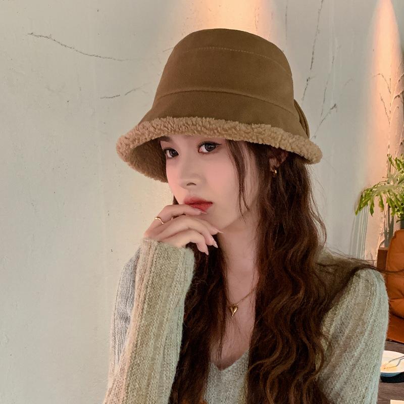 Шляпа женская японская шляпа-ведро из искусственной овечьей шерсти с бантом, утолщенная плюшевая теплая повседневная универсальная шляпа-тазик Tide