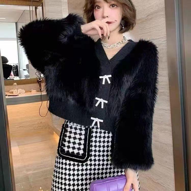 Короткие длинные волосы, однотонный свитер из искусственного норкового флиса, женский 2023, осень/зима, однотонный корейский свободный милый вязаный кардиган, женский