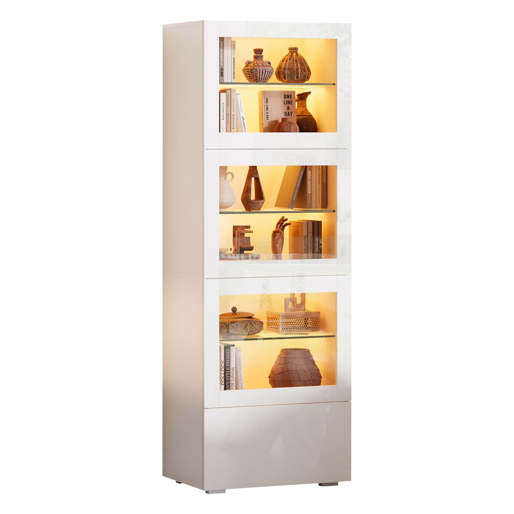 60*40*173cm Display Cabinet with Acrylic Cabinet Door, High-Gloss, LED Lighting, 3 Glass Shelves, White