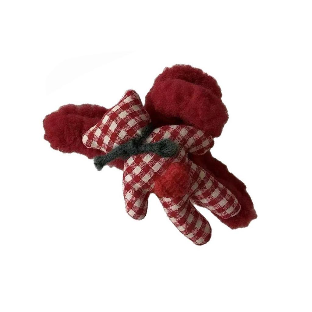 Пушистая красная клетчатая заколка-краб в виде плюшевого мишки - Рождественский и новогодний аксессуар для волос