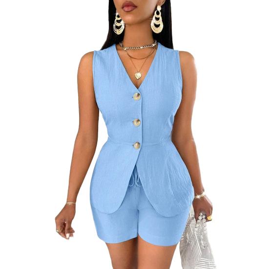 Женский летний комплект из 2 предметов без рукавов с V-образным вырезом и пуговицами, жилет, топ, шнуровка, шорты, повседневный офисный женский деловой костюм