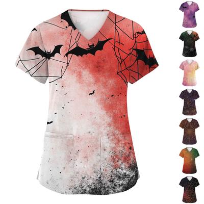 Женская модная рабочая униформа с V-образным вырезом и короткими рукавами, с карманами, топ с принтом на Хэллоуин