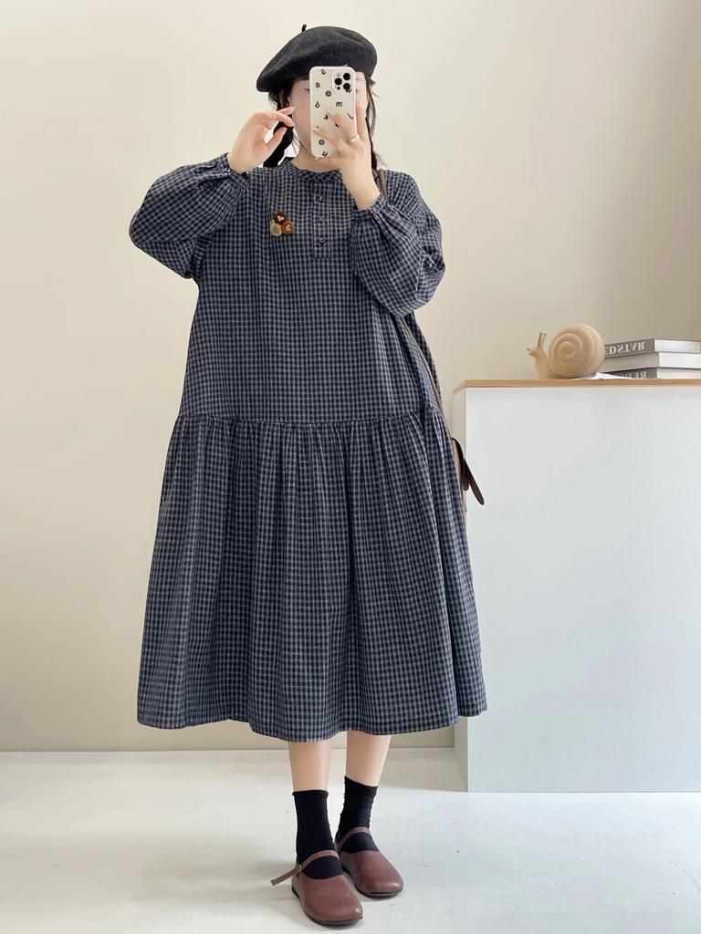 Johnature Платье в японском стиле с воротником-стойкой в клетку, весна-осень, ретро, универсальные, свободные, женские платья в стиле пэчворк
