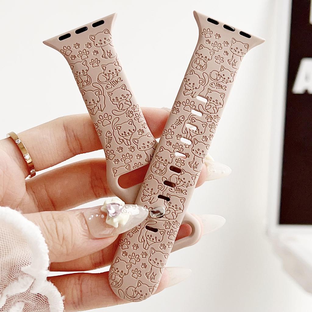 Подходит для яблока, милого кота, собаки, дыни, резьбы, силиконовый ремешок для часов Apple Watch8/SE/7/65