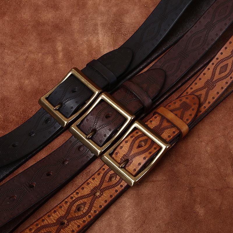 Ретро Персональность Тренд Тисненый Утолщенный Первый Слой Коровья Кожа Ремень Мужской Натуральная Кожа Медная Пряжка Повседневный Джинсовый Ремень Мужской