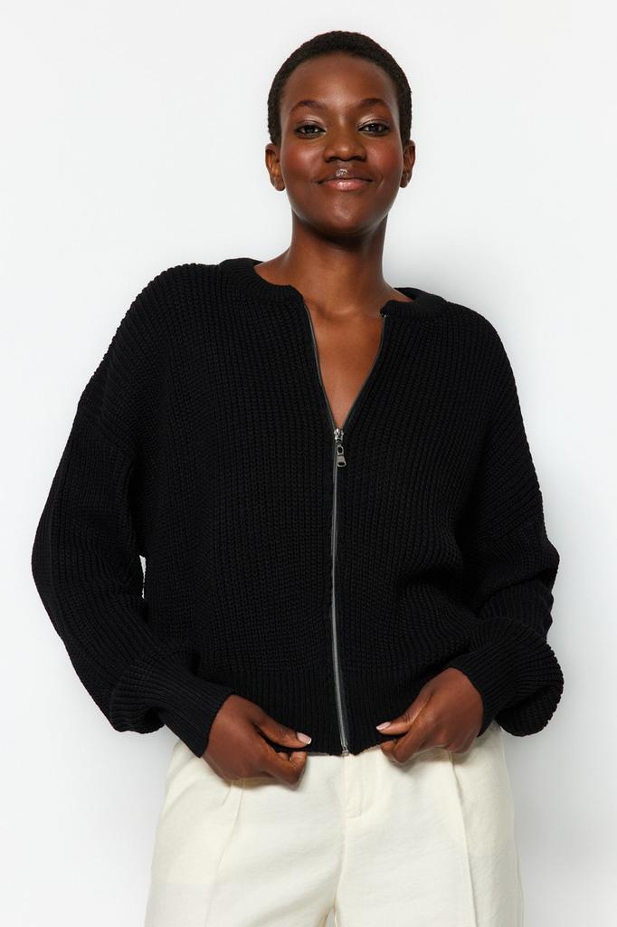 Women's Fashionable Stylish Cardigan Black Wide Fit Bomber Collar Zippered Knitwear Cardigan