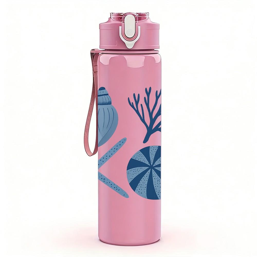 1PC Seashell Starfish Blue Pattern 750ml Color Plastic Sports Water Bottle Leakproof Flip Straw Lid Suitable for Sports Office Home Use