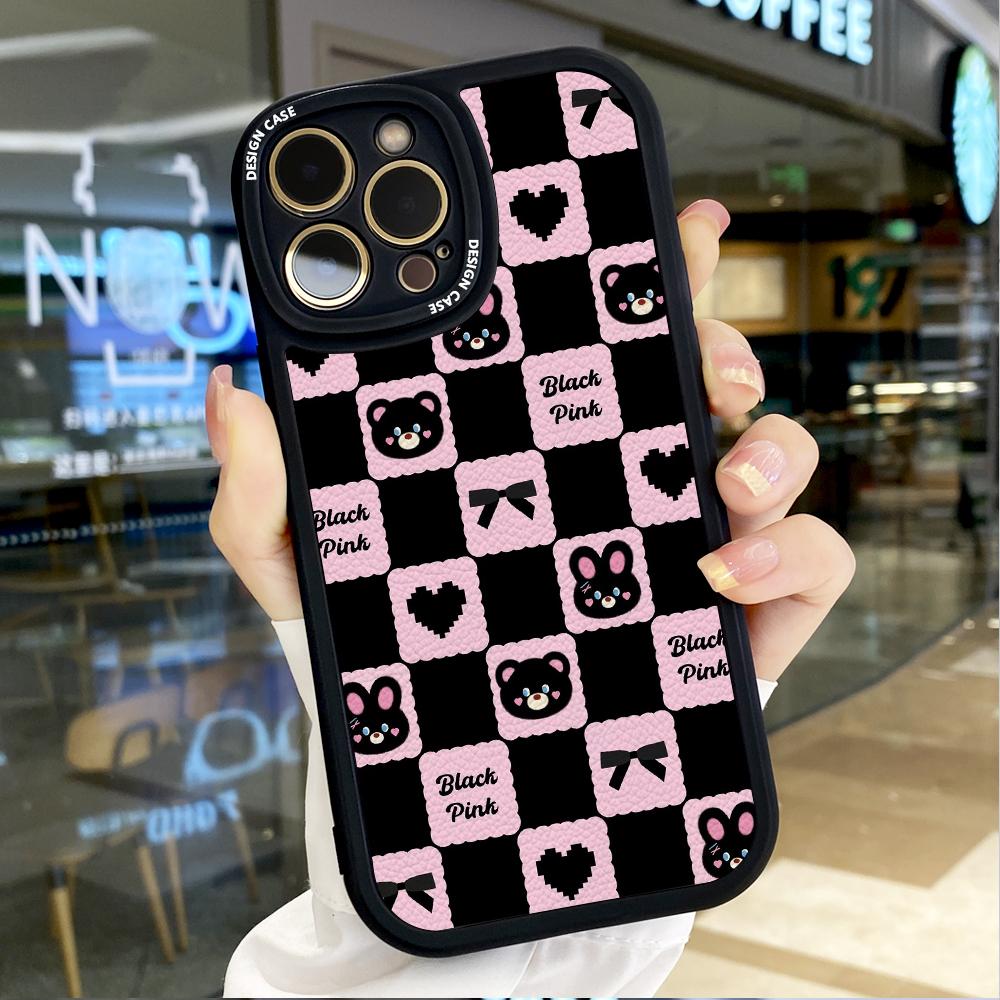 Решетчатый милый чехол для телефона из искусственной кожи с изображением медведя и кролика для iPhone 15 14 13 12 Pro Max Samsung Galaxy S23 Ultra S20 FE A52 Redmi Xiaomi POCO Мягкий чехол