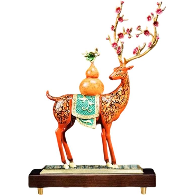 Aris & Juno Feng Shui Wealth Deer Statue, Copper Sculpture with Gourd & Plum Blossom, Chinese Lucky Charm for Home Office Decor, Prosperity Ornament,
