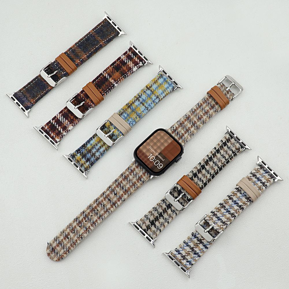 Watch Band For Apple Watch Series 10 Ultra 9 8 7 SE 6 5 4 3 2 1 46mm 49mm 45mm 44mm 42mm Vintage Wool+Leather Strap