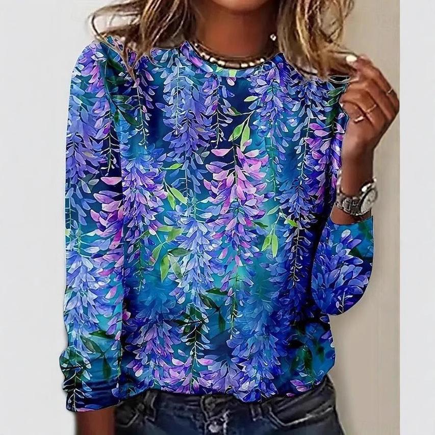 Women's Floral 3D Print Long Sleeved Top Spring and Autumn Round Neck Fashionable Casual T-shirts