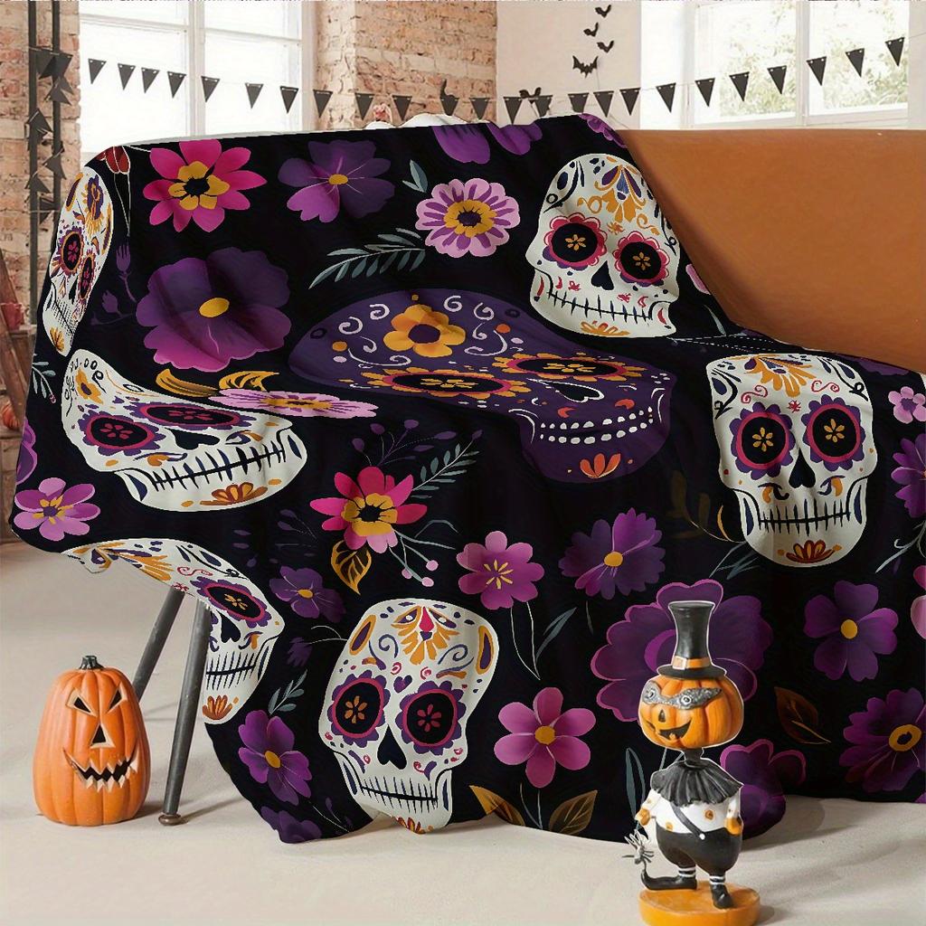 1pc Halloween Creative Skull Floral Print Flannel Blanket Suitable for Bed Sofa Office and More Soft Warm Halloween Gift Decoration