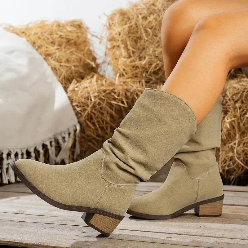 Женские плиссированные сапоги до середины икры, новые модные дизайнерские туфли, закругленные носки, сапоги до середины икры, сапоги на низком каблуке, женская обувь для женщин