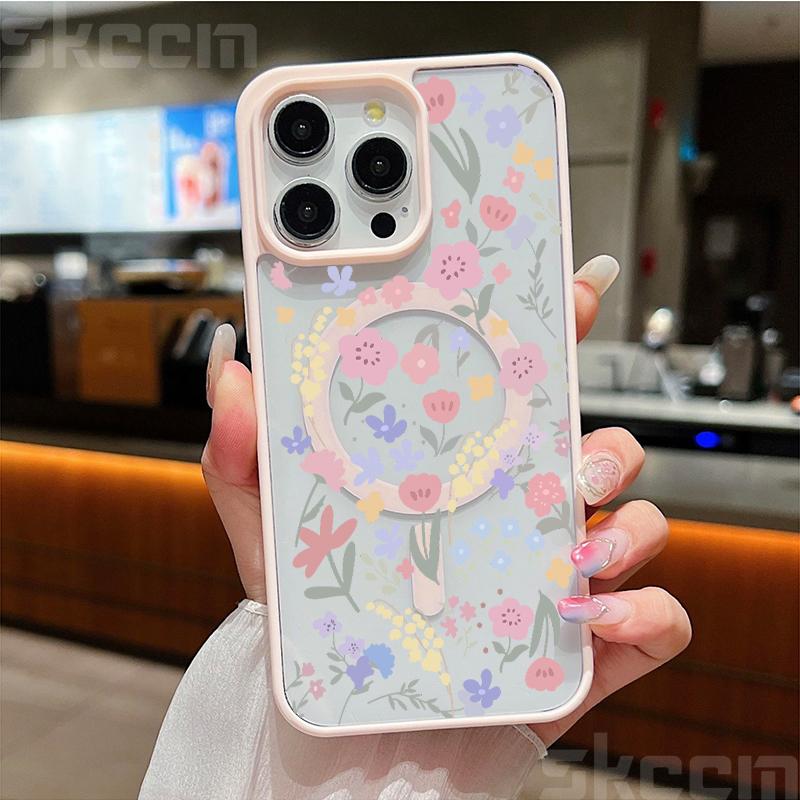 Милый чехол для телефона с цветочным узором для iPhone 16 15 14 Pro Max 11 12 13 Pro 16E XS X XR Матовый магнитный чехол Magsafe для беспроводной зарядки