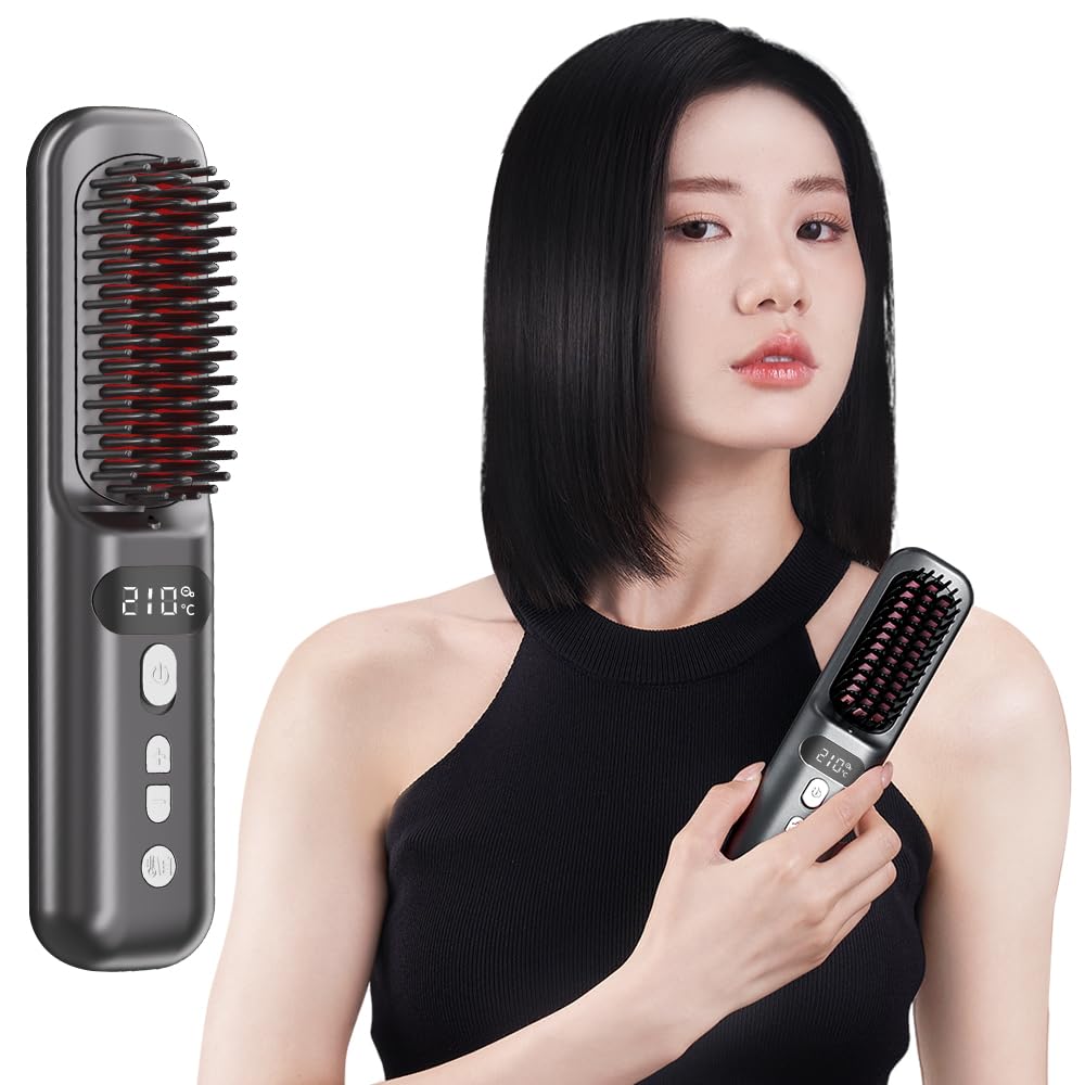 KAWU Heat Brush Cordless 200 Million Negative Ions Brush Iron Hair Iron 6400mAh Large Capacity 7 Level Temperature Adjustment MCH Rapid Heating Rapid