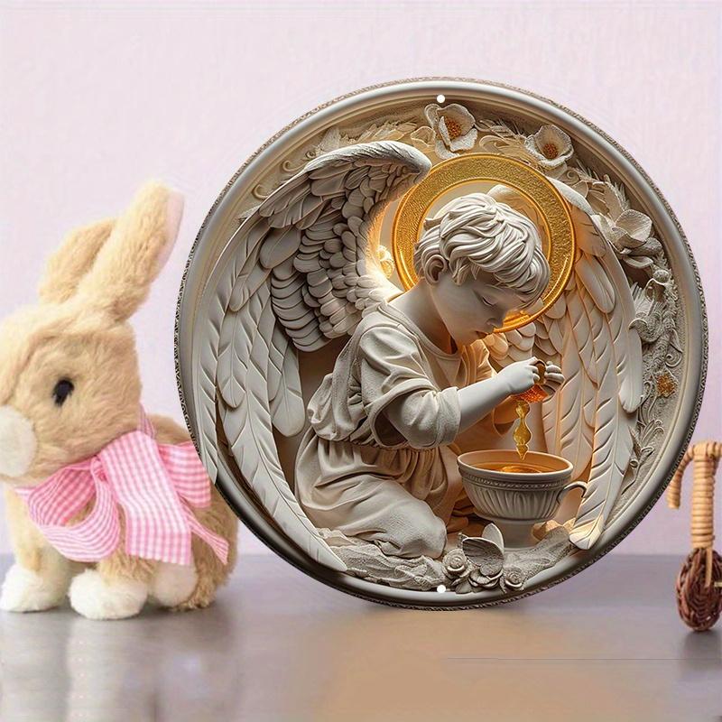 Маленький ангел-мальчик круглый деревянный настенный знак, устойчивый к царапинам, наружное и внутреннее украшение, настенное искусство, домашний декор