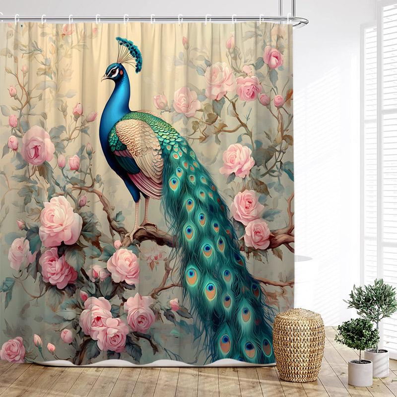 Blue Peacocks Shower Curtains Forest Trees Plants Flowers Waterfall Scenery Polyester Fabric Bathroom Curtain Decor With Hooks