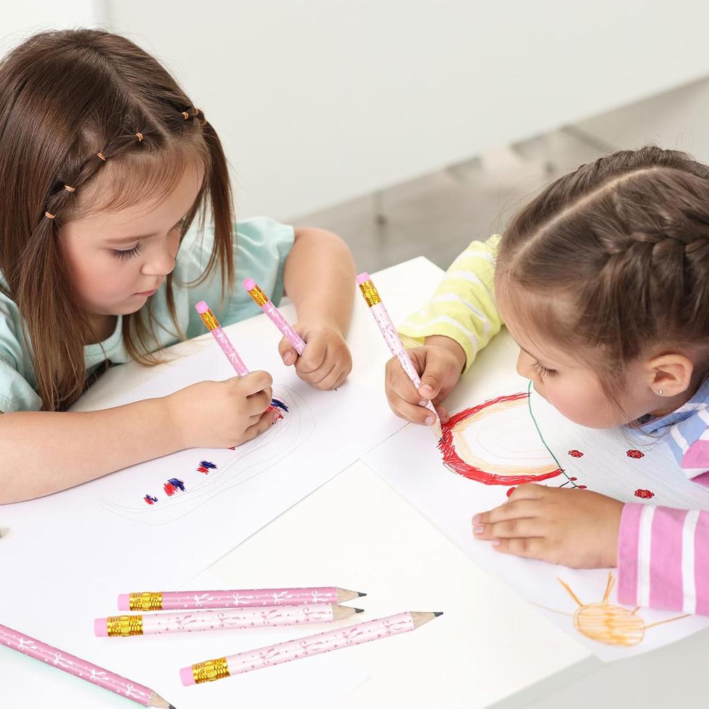 50Pcs Pink Bow Short Pencil with Eraser Trendy Bowknot Writing Pencil Wood Mini Pencils for School Classroom Office Stationery Supplies, 4 Inch