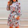 Piled Collar Long Sleeve Elastic Waist High-Waist Mini Dress Flower Print Ruffle Stitching Hem Summer Dress Female Clothes